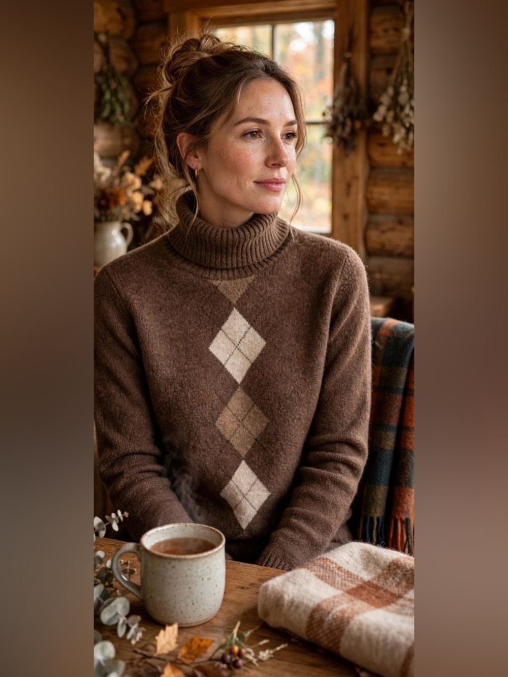 Women’s 100% Lambswool Brown Argyle Turtleneck Sweater Sz. M